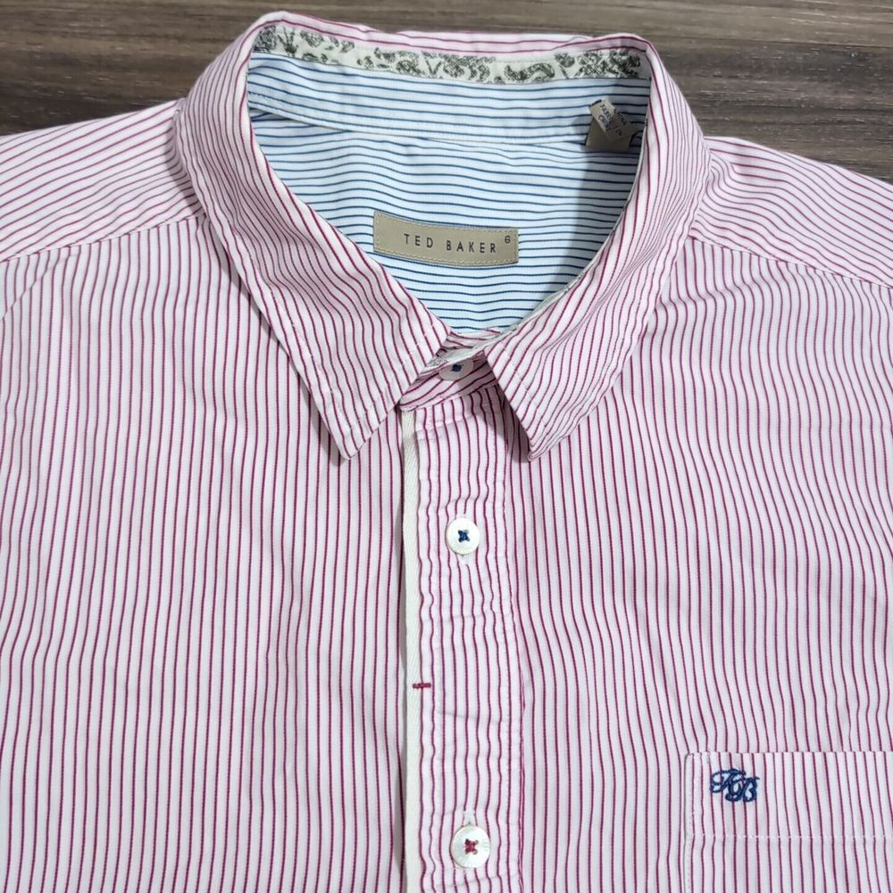 Ted Baker Men's 6 (XL) Long Sleeve Button Down Shirt Red White Pinstripeโ 15Y